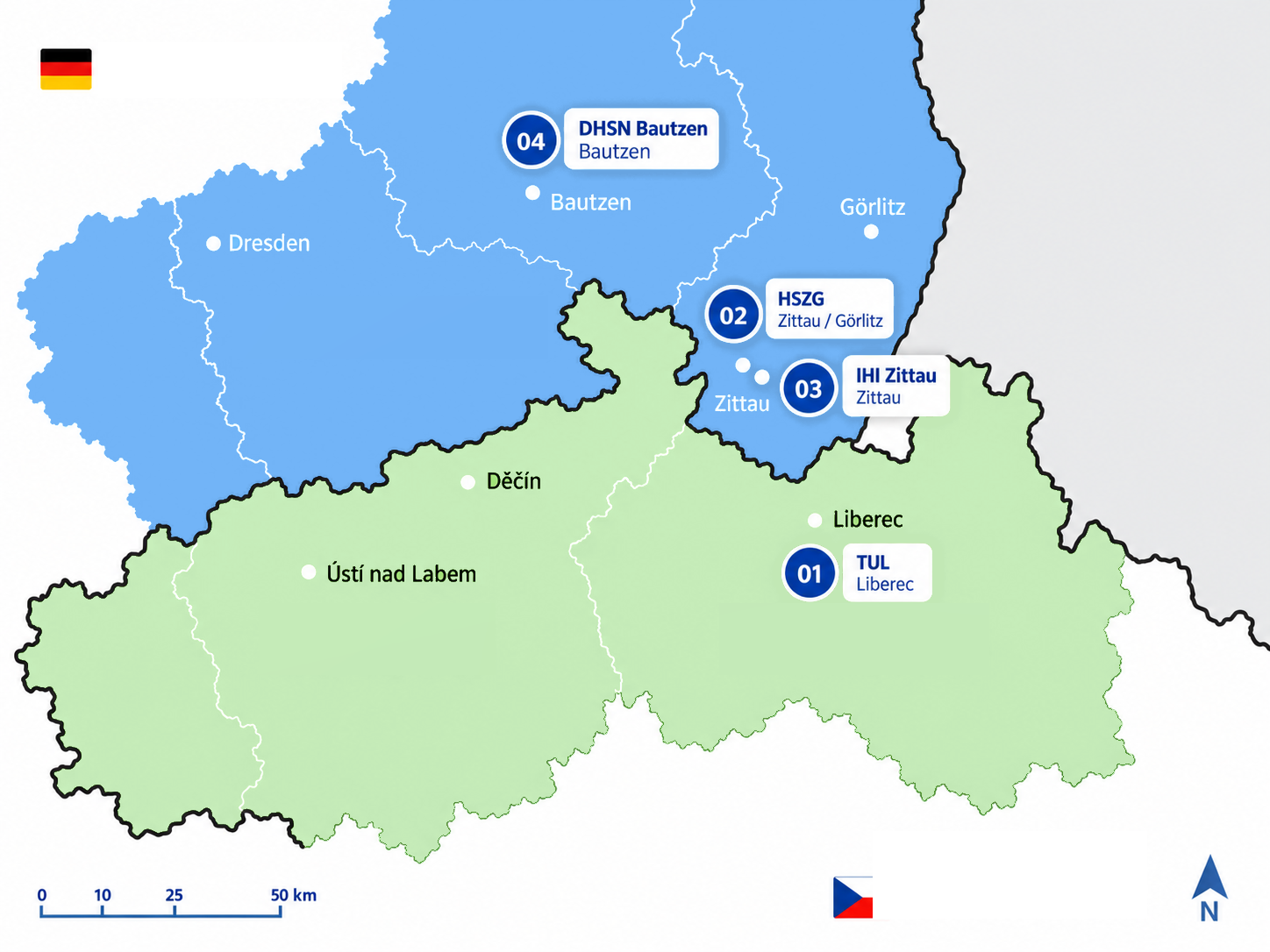 Mapa česko-německého prostoru ERNILAC se čtyřmi školami v Liberci, Žitavě a Bautzenu.
